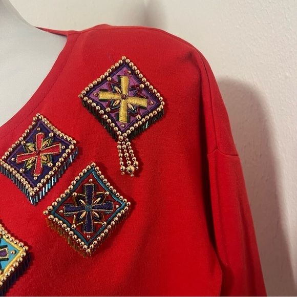 Vintage IB DIFFUSION Artsy Red Large Women Scoop Neck Blouse Embellished Cotton - Picture 3 of 10
